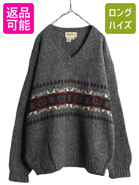 90s USA製 エディーバウアー Vネック 二ット セーター メンズ L / 古着 Eddie Bauer 90年代 オールド ウール ノルディック ミドルゲージ 灰| 中古 90's 旧タグ アメリカ製 エディバウアー ノルディック柄 ニットセーター 長袖ニット 長袖セーター チャコールグレー アメカジ｜古着ヴィンテージショップLong his