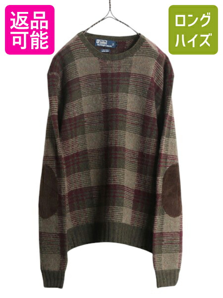 手編み 00s ポロ ラルフローレン ウール ハンド ニット デザイン セーター メンズ L / オールド ハンドメイド クルーネック チェック 総柄| 古着 中古 00's 00年代 POLO RALPH LAUREN コーデュロイ エルボーパッチ ニットセーター 長袖ニット 長袖セーター ミドルゲージ｜古着ヴィンテージショップLong his