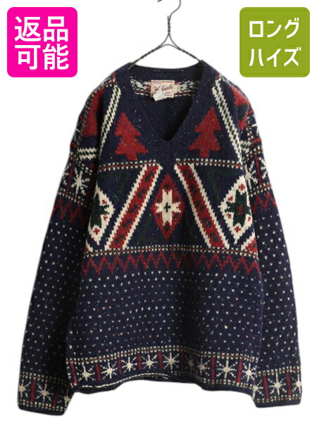【7/24 400円OFFクーポン×ポイント5倍】 90s ウールリッチ ノルディック ウール ニット セーター メンズ L / 古着 オールド Woolrich バーズアイ 総柄 ネップ Vネック マルチカラー| 古着 中古 90's 90年代 ニットセーター 長袖ニット 長袖セーター ウールセーター ウール|古着ヴィンテージショップLong his