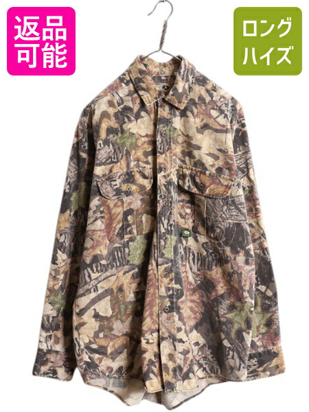 【4/12 24h限定777円OFFクーポン!】 90s USA製 モッシーオーク リアルツリー カモ コットン シャツ メンズ L / 90年代 オールド MOSSY OAK 迷彩 長袖シャツ ハンティング 総柄| 古着 中古 90's アメリカ製 アウトドア サファリ カモフラージュ コットンシャツ 総柄シャツ ポ