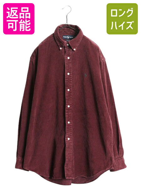 【4/12 24h限定777円OFFクーポン!】 90s ラルフローレン 細畝 コーデュロイ 長袖 ボタンダウン シャツ メンズ L オールド ポロ ヘビーウェイト 長袖シャツ ワンポイント エンジ| 古着 中古 90年代 90's POLO RALPH LAUREN コーデュロイシャツ ボタンダウンシャツ コットンシ