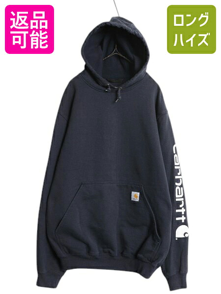 【4/18 ご愛顧感謝デーポイントUP!】 カーハート 袖 プリント スウェット フード パーカー メンズ M 黒 古着 CARHARTT トレーナー 裏起毛 プルオーバー ミドルウェイト ブラック| 古着 中古 スエット スウェットパーカー ロゴパーカー フードパーカー 袖プリント ワンポイン