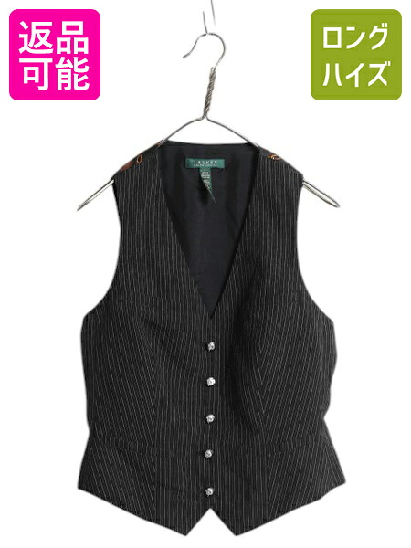 【7/22 400円OFFクーポン&times;ポイント5倍】 90s LAUREN ラルフローレン ストライプ テーラード ベスト レディース M 程 オールド ウール 前開き 重ね着 馬具 チェーン ビット ブラック| 古着 中古 90's 90年代 ポロ POLO RALPH 黒 ノースリーブ ジレ テーラードベスト ウール｜古着ヴィンテージショップLong his