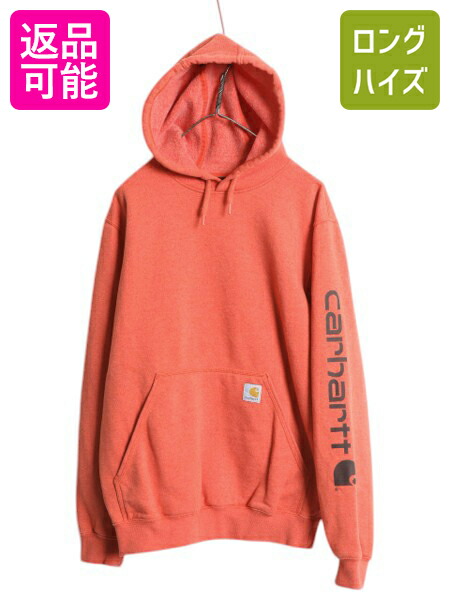 【4/18 ご愛顧感謝デーポイントUP!】 カーハート 袖 プリント スウェット フード パーカー メンズ S / 古着 CARHARTT トレーナー 裏起毛 プルオーバー ミドルウェイト オレンジ| 中古 スエット スウェットパーカー ロゴパーカー フードパーカー 袖プリント ワンポイント ロ