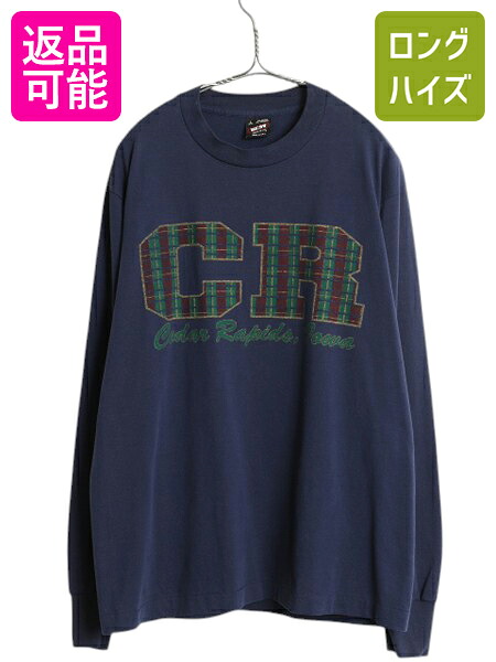 【4/12 24h限定777円OFFクーポン!】 80s USA製 アイオワ プリント 長袖 Tシャツ メンズ L 紺 古着 ヴィンテージ シングルステッチ ロンT クルーネック ロングTシャツ ネイビー| 中古 80年代 ビンテージ アメリカ製 長袖Tシャツ スーベニア グラフィック アートTシャツ プリ