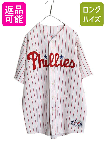【4/12 24h限定777円OFFクーポン!】 フィリーズ ベースボール シャツ メンズ XXL 程/ MLB オフィシャル マジェスティック 大リーグ ユニフォーム 大きいサイズ 重ね着 ジャージ| 古着 中古 Majestic 2XL ゲームシャツ 半袖シャツ メジャーリーグ 野球 ユニホーム ストライプ