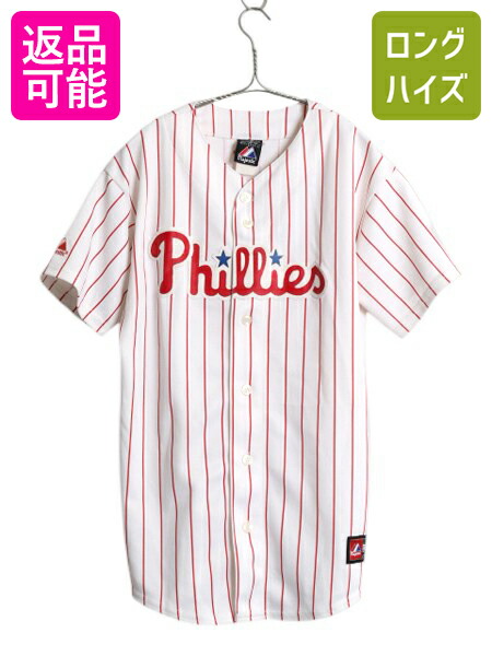 【4/12 24h限定777円OFFクーポン!】 フィリーズ ベースボール シャツ メンズ S 程/ MLB オフィシャル マジェスティック 大リーグ ユニフォーム ゲームシャツ 重ね着 半袖シャツ| 古着 中古 Majestic メジャーリーグ 野球 ジャージ ユニホーム ベースボールシャツ ストライプ