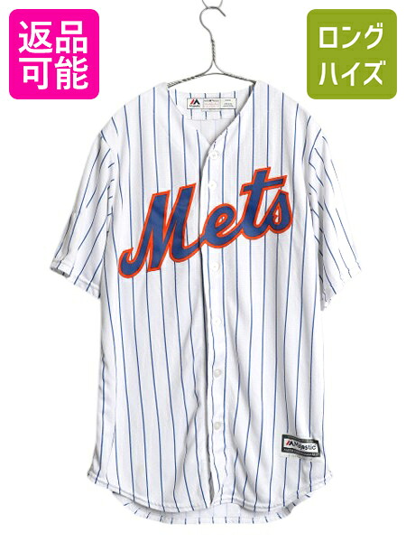 【4/12 24h限定777円OFFクーポン!】 USA製 メッツ ベースボール シャツ メンズ M MLB オフィシャル マジェスティック 大リーグ ユニフォーム ゲームシャツ ジャージ 半袖シャツ| 古着 中古 Majestic アメリカ製 メジャーリーグ 野球 重ね着 ストライプ ユニホーム ベースボ