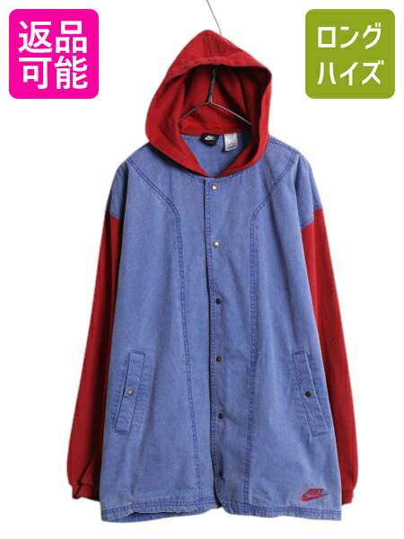 【7/24 400円OFFクーポン&times;ポイント5倍】 90s ナイキ フード パーカー ジャケット メンズ L オールド コットン キャンバス 鹿の子 切替 ワンポイント スウッシュ ブルゾン ツートン| 古着 中古 90's 90年代 NIKE 黒タグ スウォッシュ ジャンパー コットンジャケット カノコ｜古着ヴィンテージショップLong his