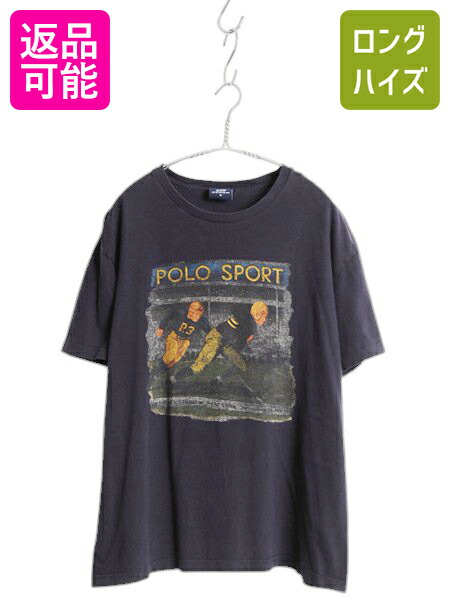【4/8 最大半額セール×ポイント5倍】 90s ポロスポーツ ラルフローレン プリント 半袖 Tシャツ メンズ M 古着 オールド ラグビー アート イラスト グラフィック クルーネック 紺| 中古 90年代 POLO SPORT RALPH LAUREN 当時物 半袖Tシャツ プリントTシャツ ラガーマン カッ