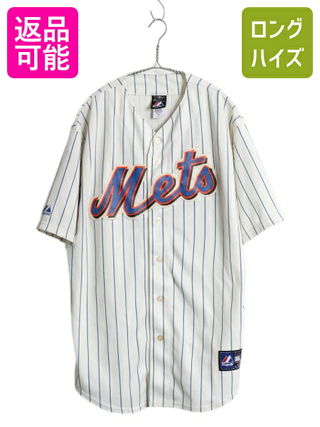 【4/12 24h限定777円OFFクーポン!】 メッツ ベースボール シャツ メンズ L 古着 MLB オフィシャル マジェスティック 大リーグ ユニフォーム ゲームシャツ ジャージ 半袖シャツ | 中古 Majestic メジャーリーグ 野球 重ね着 ストライプ ユニホーム ベースボールシャツ ゲーム