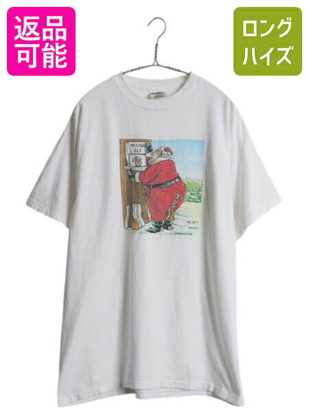 【4/8 最大半額セール×ポイント5倍】 90s サンタクロース ジョーク イラスト プリント Tシャツ メンズ XL 古着 オールド グラフィック アート 大きいサイズ ヘビーウェイト 白| 中古 90’s 90年代 当時物 シングルステッチ オニータ プリントTシャツ 白Tシャツ 半袖Tシャツ