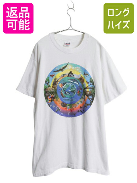 【4/12 24h限定777円OFFクーポン!】 90s USA製 アニマル アート プリント Tシャツ メンズ L / オールド メッセージ イラスト グラフィック シングルステッチ ヘビーウェイト 白| 中古 90年代 90's アメリカ製 当時物 動物 プリントTシャツ アートTシャツ 半袖Tシャツ 白Tシ