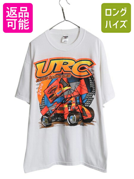 【4/8 最大半額セール×ポイント5倍】 00s URC レーシング クラブ 両面 プリント 半袖 Tシャツ メンズ XL / オールド イラスト スポンサー ロゴ バックプリント 白 大きいサイズ| 古着 中古 00年代 ラッセル ジャージーズ ナスカー プリントTシャツ 半袖Tシャツ クルーネッ