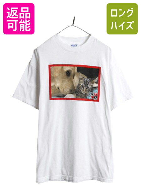 【4/8 最大半額セール×ポイント5倍】 00s ネコ ドッグ フォト イラスト プリント Tシャツ メンズ レディース L オールド アニマル ヘビーウェイト 動物 SPCA 企業物 トップス 白| 古着 中古 00年代 00's グラフィック 半袖Tシャツ プリントTシャツ アートTシャツ フォトTシ