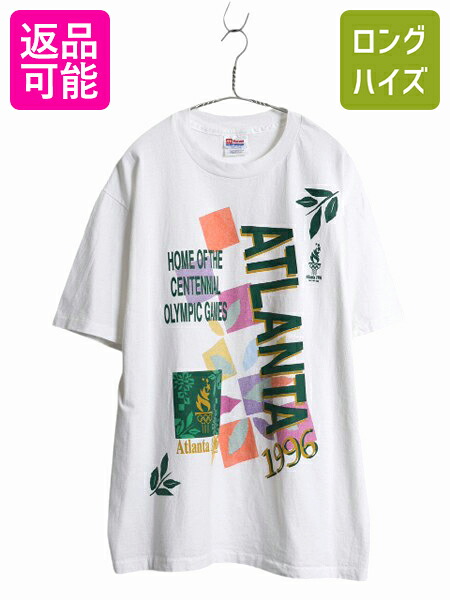 【4/9 最大半額セール×ポイント5倍】 90s オリンピック イラスト プリント Tシャツ メンズ L 古着 オールド アトランタ グラフィック シングルステッチ ヘビーウェイト ホワイト| 中古 90年代 90's 1996 オフィシャル 五輪 限定 アート イラスト 半袖Tシャツ プリントＴシ