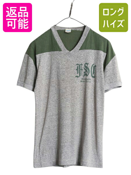 【4/9 最大半額セール×ポイント5倍】 70s USA製 ★ チャンピオン 3段 染込み カレッジ プリント Tシャツ メンズ M / 古着 ヴィンテージ バータグ Vネック 霜降り 灰 緑 ツートン| 中古 70年代 70's ビンテージ アメリカ製 米国製 Champion シングルステッチ 半袖Tシャツ プ