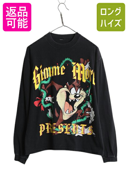 90s ワーナー タズマニアンデビル プリント 長袖 Tシャツ メンズ S 程 古着 オールド ロンT モックネック キャラクター イラスト ブラック| 古着 中古 黒 90&rsquo;s 90年代 ヘビーウェイト グラフィック ハイネック ロングTシャツ 長袖Tシャツ プリントTシャツ キャラクターT｜古着ヴィンテージショップLong his