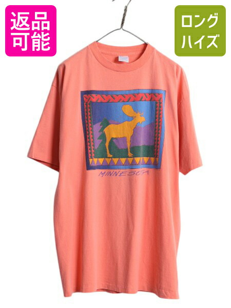 【4/8 最大半額セール×ポイント5倍】 90s USA製 ヘラジカ アート イラスト プリント Tシャツ メンズ XL 古着 アニマル グラフィック アウトドア ハンティング ネイティブ ピンク| 中古 大きいサイズ 90’s 90年代 オールド アメリカ製 シングルステッチ ヘビーウェイト 半