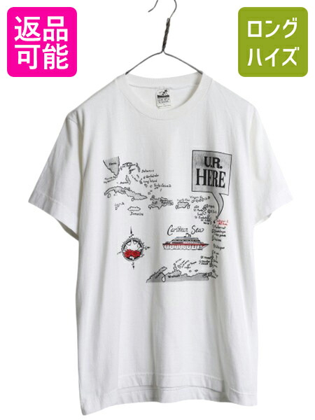 【4/8 最大半額セール×ポイント5倍】 90s 地図 イラスト プリント Tシャツ メンズ レディース L / オールド カリブ リゾート グラフィック アート ヘビーウェイト カットソー 白| 古着 中古 90’s 90年代 半袖Tシャツ プリントTシャツ プリントT アートTシャツ 白Tシャツ