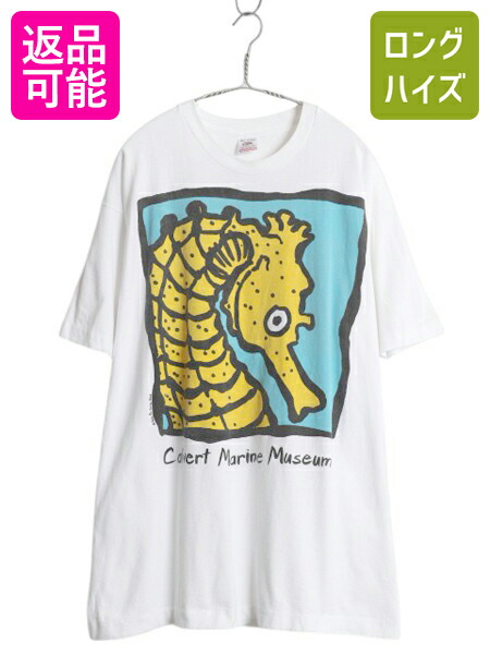 【4/8 最大半額セール×ポイント5倍】 90s USA製 タツノオトシゴ アート イラスト 両面 プリント Tシャツ メンズ XL 古着 アニマル グラフィック シングルステッチ 大きいサイズ| 中古 90's 90年代 アメリカ製 当時物 オールド 動物 キャラクター 半袖Tシャツ プリントTシャ