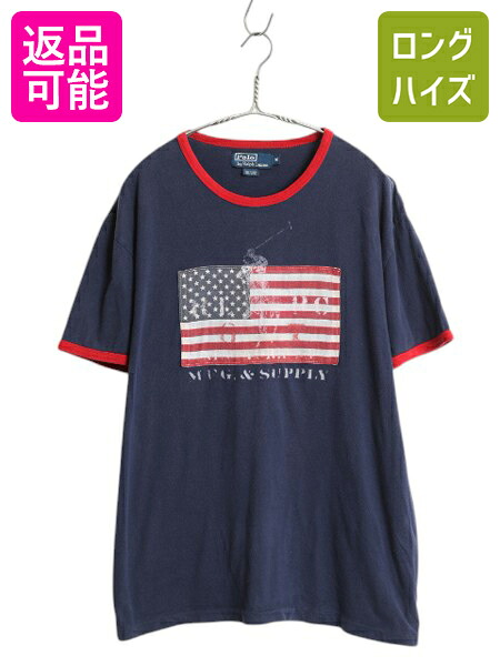 【4/18 ご愛顧感謝デーポイントUP!】 ビッグポニー ポロ ラルフローレン プリント 半袖 リンガー Tシャツ メンズ M / 星条旗 ステンシル シングルステッチ カットソー ツートン| 古着 中古 POLO RALPH LAUREN 半袖Tシャツ プリントTシャツ リンガーTシャツ ショートスリーブ