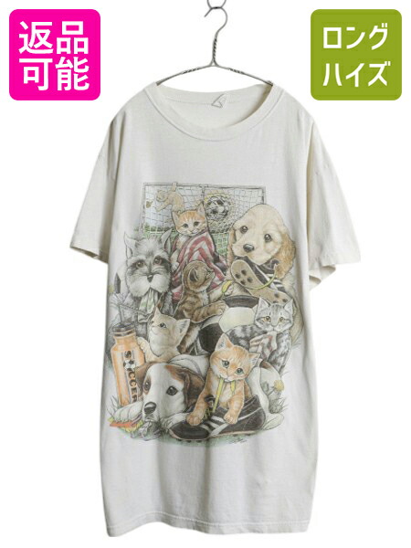 【4/8 最大半額セール×ポイント5倍】 90s USA製 ネコ イヌ イラスト プリント Tシャツ メンズ レディース XXL 程 オールド グラフィック サッカー 大きいサイズ ドッグ キャット| 古着 中古 90年代 90's アメリカ製 アニマル 動物 アート 半袖Tシャツ プリントTシャツ 白T