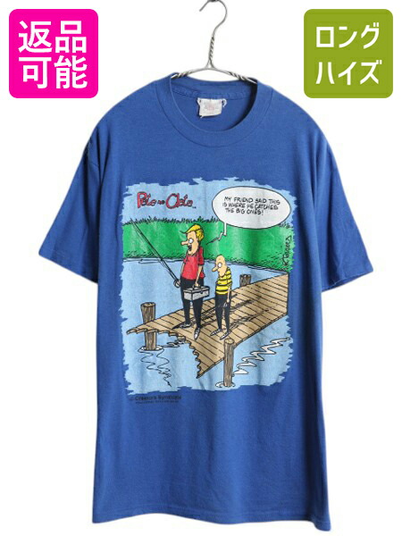 【4/8 最大半額セール×ポイント5倍】 90s USA製 ジョーク キャラクター イラスト プリント Tシャツ メンズ L 古着 オールド グラフィック フィッシング シングルステッチ アート| 中古 90’s 90年代 アメリカ製 米国製 釣り プリントTシャツ プリントT 半袖Tシャツ クルー