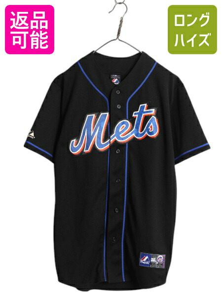 【4/12 24h限定777円OFFクーポン!】 メッツ ベースボール シャツ メンズ M / MLB オフィシャル マジェスティック 大リーグ ユニフォーム ゲームシャツ 半袖シャツ ジャージ 黒| 古着 中古 Majestic ブラック メジャーリーグ 野球 重ね着 ユニホーム ベースボールシャツ ゲー