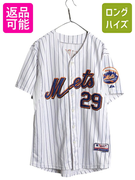 【4/12 24h限定777円OFFクーポン!】 メッツ ベースボール シャツ メンズ XL 程 MLB オフィシャル マジェスティック 大リーグ ユニフォーム ゲームシャツ ジャージ 大きいサイズ| 古着 中古 Majestic メジャーリーグ 野球 重ね着 ストライプ ユニホーム ベースボールシャツ
