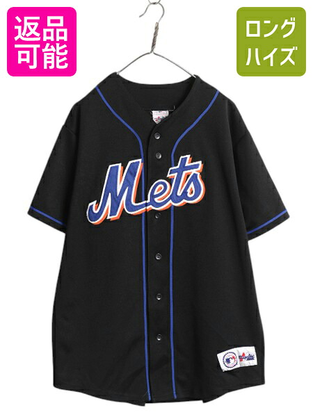 【4/12 24h限定777円OFFクーポン!】 メッツ ベースボール シャツ メンズ XL 程/ MLB オフィシャル マジェスティック 大リーグ ユニフォーム ゲームシャツ 半袖シャツ ブラック| 古着 中古 Majestic 黒 大きいサイズ ジャージ メジャーリーグ 野球 重ね着 ユニホーム ベース