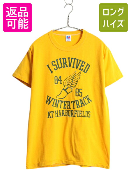 【4/8 最大半額セール×ポイント5倍】 80s USA製 ウイングフット 4段 プリント Tシャツ メンズ レディース M ヴィンテージ カレッジ シングルステッチ ラッセル グラフィック 黄| 古着 中古 80’s 80年代 アメリカ製 ビンテージ RUSSELL 半袖Tシャツ プリントTシャツ クルー