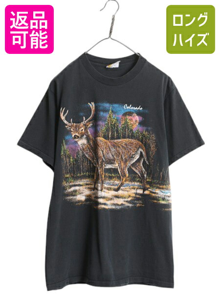 【4/8 最大半額セール×ポイント5倍】 90s USA製 シカ アート イラスト 両面 プリント Tシャツ メンズ L 古着 グラフィック シングルステッチ アニマル ヘビーウェイト ブラック| 中古 90's 90年代 黒 オールド アメリカ製 米国製 当時物 半袖Tシャツ プリントTシャツ アー