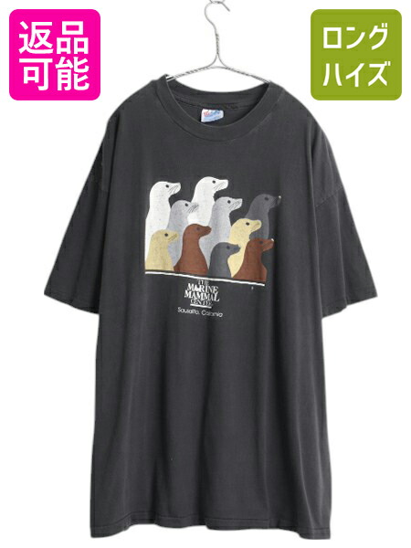 【4/8 最大半額セール×ポイント5倍】 90s USA製 アシカ アート プリント Tシャツ メンズ XXL 古着 オールド アニマル イラスト グラフィック カットソー 大きいサイズ 企業物 黒| 中古 90年代 90's 2XL アメリカ製 動物 自然保護 ヘビーウェイト 半袖Tシャツ プリントTシャ