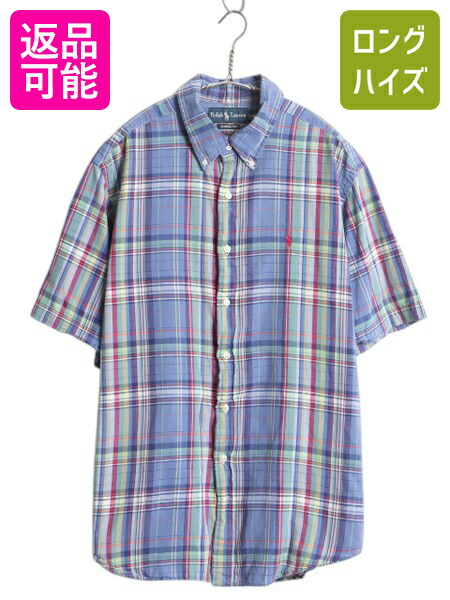 人気 ラルフローレン 半袖　シャツ 2XL ブルー チェック ボタンダウン 古着 古着 90年代 ラルフローレン Ralph Lauren GREGGOR 長袖 ボタン