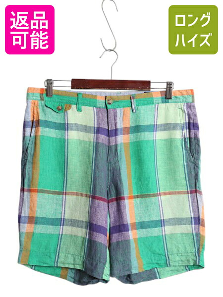 【4/7 最大半額セール×ポイント5倍】 ポロ ラルフローレン チェック ショートパンツ メンズ 33 / ショーツ 100% リネン 高級 短パン アーミー タイプ ノータック ワンポイント| 古着 中古 POLO RALPH LAUREN ショート パンツ ハーフパンツ リネンパンツ タックなし ミリタ