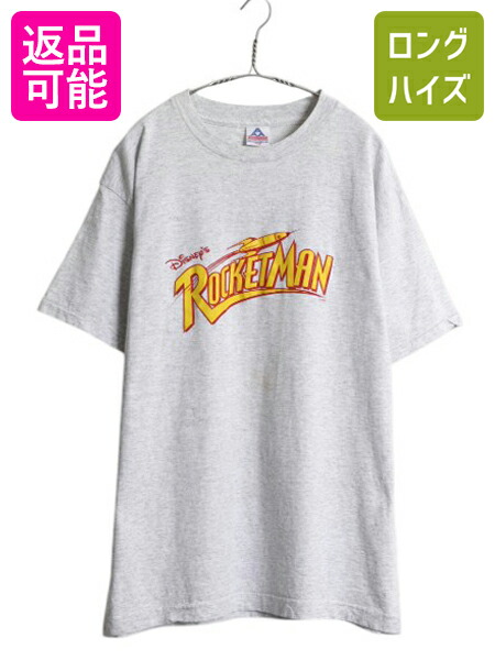 【4/12 24h限定777円OFFクーポン!】 90s ★ ディズニー オフィシャル ロケットマン ロゴ プリント Tシャツ メンズ L / オールド 当時物 ムービー イラスト シングルステッチ 灰| 中古 90年代 90's Disney 映画 Rocket Man コメディ ヘビーウェイト 半袖Tシャツ プリントTシ
