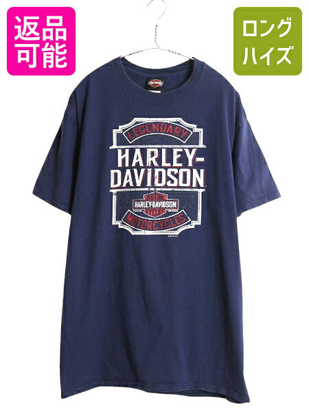 【4/8 最大半額セール×ポイント5倍】 ハーレー ダビットソン 両面 プリント Tシャツ メンズ L 古着 オフィシャル バイク イラスト グラフィック ヘビーウェイト キャラクター 紺| 中古 HARLEY DAVIDSON バイカー 半袖Tシャツ プリントTシャツ プリントT カットソー クルー