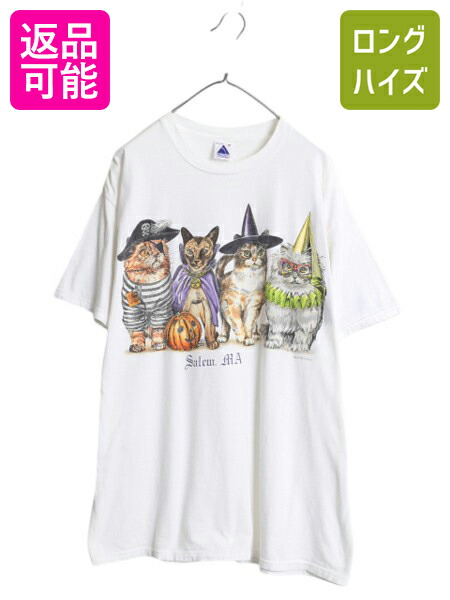 【4/8 最大半額セール×ポイント5倍】 90s ネコ イラスト 両面 プリント Tシャツ メンズ レディース XL 古着 オールド アニマル アート グラフィック カットソー 大きいサイズ 白| 中古 90年代 90's ネコ柄 猫 動物 半袖Tシャツ プリントTシャツ プリントT 白T 白Tシャツ ヘ
