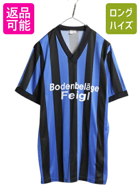 【4/18 ご愛顧感謝デーポイントUP!】 90s サッカー ユニフォーム メンズ M 程 オールド ストライプ ジャージ ゲームシャツ プラクティス 半袖 Tシャツ ツートン ブラック ブルー| 古着 中古 90's 90年代 黒 青 ユニホーム 半袖Tシャツ 半袖シャツ フットボール ナンバリング