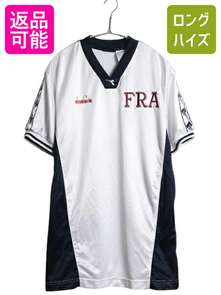 【4/18 ご愛顧感謝デーポイントUP!】 90s ディアドラ サッカー ユニフォーム メンズ M / オールド Tシャツ ユニフォーム トレーニング ジャージ ナンバリング Vネック ツートン| 古着 中古 90's 90年代 DIADORA フランス ユニホーム 半袖Tシャツ 半袖シャツ フットボール プ
