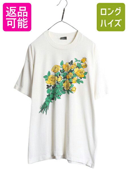 【4/8 最大半額セール×ポイント5倍】 90s USA製 バラ アート プリント Tシャツ メンズ レディース XL / 古着 オールド フラワー 花 グラフィック シングルステッチ 大きいサイズ| 中古 黒 90's 90年代 アメリカ製 薔薇 ローズ 花柄 半袖Tシャツ プリントTシャツ アートTシ