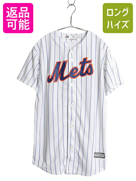 【4/12 24h限定777円OFFクーポン!】 メッツ ベースボール シャツ キッズ XL メンズ S 程/ MLB オフィシャル マジェスティック 大リーグ ユニフォーム 半袖シャツ ゲームシャツ| 古着 中古 Majestic ジャージ メジャーリーグ 野球 重ね着 ユニホーム ストライプ スポーツ ホ