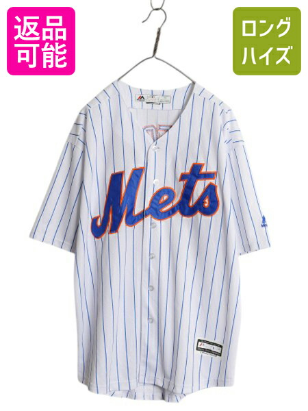 【4/12 24h限定777円OFFクーポン!】 メッツ ベースボール シャツ メンズ L 古着 MLB オフィシャル マジェスティック 大リーグ ユニフォーム ゲームシャツ ジャージ 半袖シャツ| 中古 Majestic メジャーリーグ 野球 重ね着 ストライプ ユニホーム ベースボールシャツ ゲーム