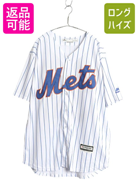 【4/12 24h限定777円OFFクーポン!】 メッツ ベースボール シャツ メンズ L 古着 MLB オフィシャル マジェスティック 大リーグ ユニフォーム ゲームシャツ ジャージ 半袖シャツ| 中古 Majestic メジャーリーグ 野球 重ね着 ストライプ ユニホーム ベースボールシャツ ゲーム