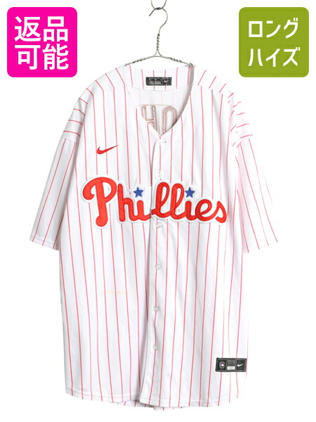【4/12 24h限定777円OFFクーポン!】 フィリーズ ベースボール シャツ メンズ XL / MLB オフィシャル ナイキ スウッシュ 大リーグ ユニフォーム 半袖シャツ 重ね着 大きいサイズ| 古着 中古 NIKE スウォッシュ メジャーリーグ 野球 ジャージ 前開き ストライプ ユニホーム ゲ