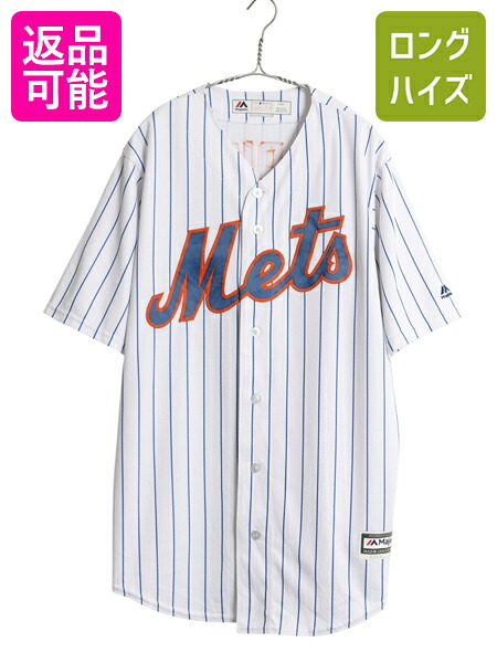 【4/12 24h限定777円OFFクーポン!】 USA製 メッツ ベースボール シャツ メンズ L / MLB オフィシャル マジェスティック 大リーグ ユニフォーム ゲームシャツ 重ね着 半袖シャツ| 古着 中古 Majestic アメリカ製 メジャーリーグ 野球 重ね着 ストライプ ユニホーム ベースボ