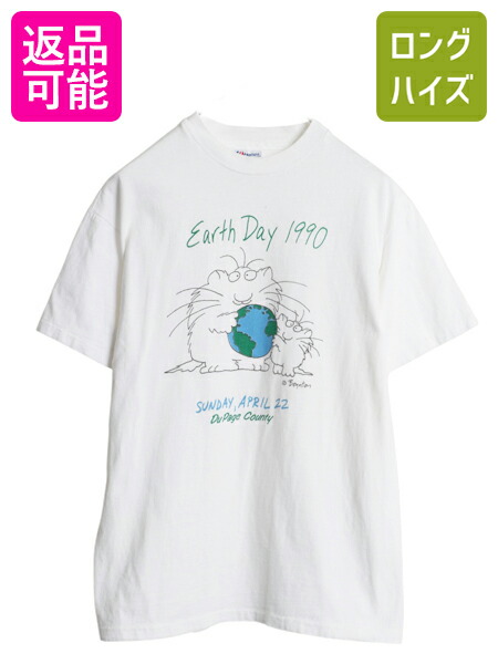 【4/8 最大半額セール×ポイント5倍】 90s USA製 ネコ イラスト プリント Tシャツ メンズ レディース L オールド キャラクター アニマル アート メッセージ シングルステッチ 白| 古着 中古 90年代 アメリカ製 動物 猫 ネコ柄 地球 グラフィック ヘビーウェイト 半袖Tシャツ