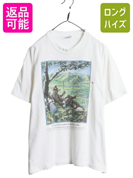 【4/8 最大半額セール×ポイント5倍】 90s USA製 JIM MORRIS アート イラスト プリント Tシャツ メンズ L オールド メッセージ クマ キャラクター グラフィック シングルステッチ| 古着 中古 90年代 アメリカ製 アニマル 半袖Tシャツ プリントTシャツ アートTシャツ ヘビー