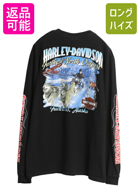 ハーレー ダビットソン 4面 プリント ポケット付き 長袖 Tシャツ メンズ L / バイク ロゴ ファイヤー イラスト オフィシャル ロンT 全面 黒| 古着 中古 ブラック HARLEY DAVIDSON バイカー イヌ アニマル 袖プリント 長袖Tシャツ プリントTシャツ ロングTシャツ グラフィック